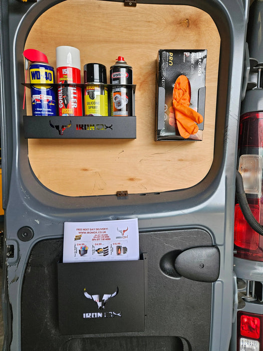 The van door interior features mounted shelves with spray cans and orange gloves, exemplifying efficient van racking. A brochure in a lower holder highlights the "Van Storage Racking Monthly Bundle Deal," showcasing the latest offer on essential van equipment.