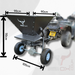 A black Towable Spreader, model Iron Ox 350LB, features a spout and can be attached to an all-terrain vehicle (ATV). Its dimensions are 110 cm in height, 100 cm in depth, and 90 cm in width. The ATV Towable Spreader guarantees effortless precision with every use.