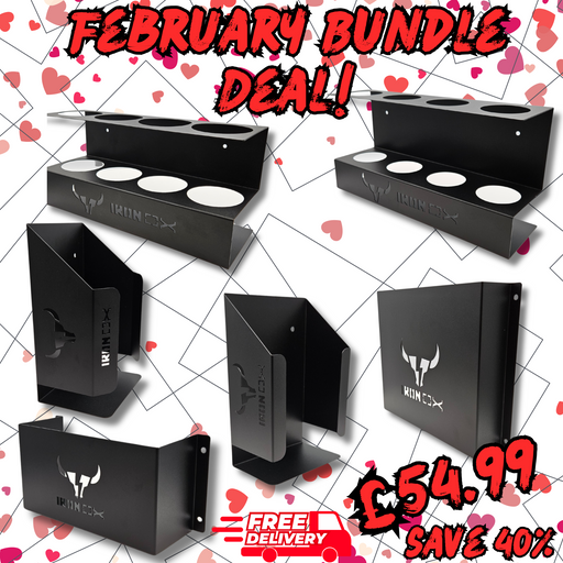 Promotional image for the Van Storage Racking February bundle deal. Features versatile storage units with cylindrical and square compartments. Priced at £54.99, enjoy free delivery and 40% savings. Hearts in the background add a romantic touch to your organized space.