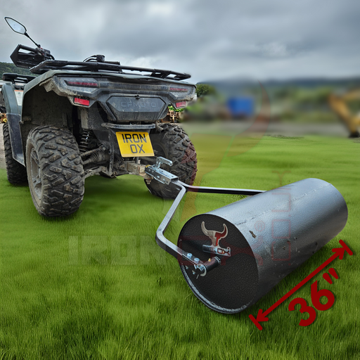 An ATV pulls a Towable Lawn Roller 36" across a grass field. The 36-inch roller, attached to the vehicle's hitch, smooths the terrain effortlessly. Enjoy free delivery on your order!