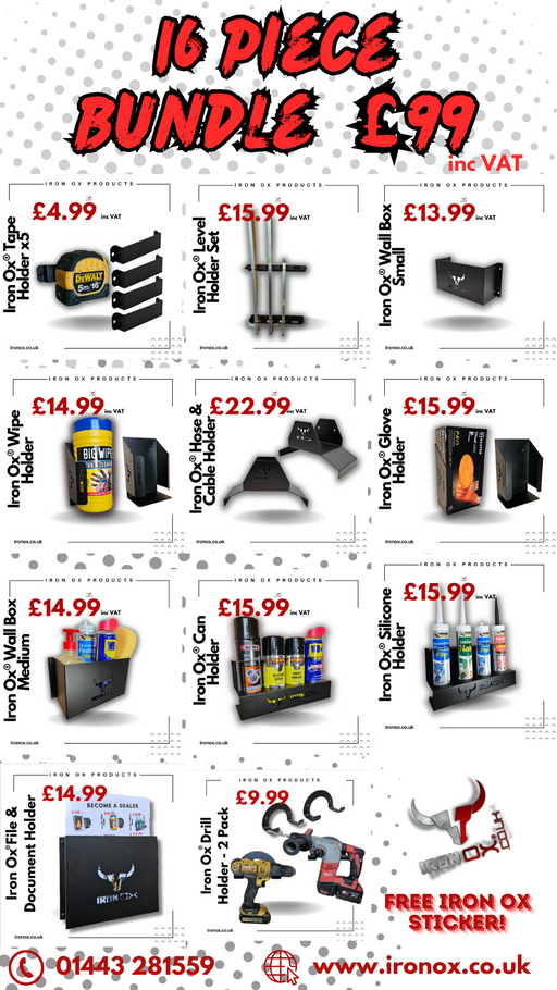 Check out our promotional flyer for the 16 PIECE MEGA VAN BUNDLE DEAL from Iron Ox, available for just £99. This comprehensive set includes various tool holders, hooks, and cans to optimize your van storage racks. Contact information and website details are provided at the bottom for your convenience.