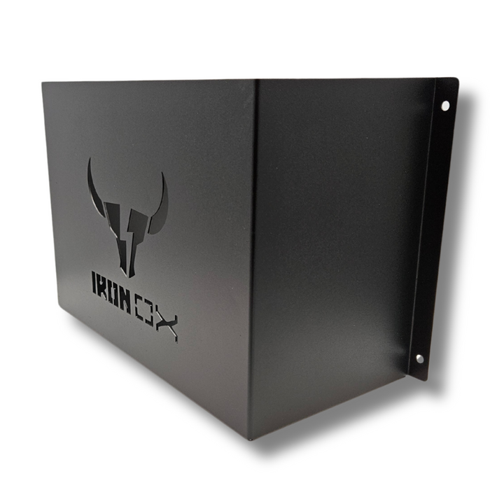 A matte black metal wall-mounted box with a minimalist bull logo and the word "General Purpose Metal Storage Box - Large" cut out in the front, perfect for space-saving storage in your workshop.