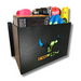 A wall-mounted black metal organizer, perfect for van accessories or workshop tool holders, holding a drill, gloves, a box of disposable gloves, a spirit level, and a pink tool. The space-saving storage unit features a bull logo and the text "General Purpose Metal Storage Box - Large" cut into it.