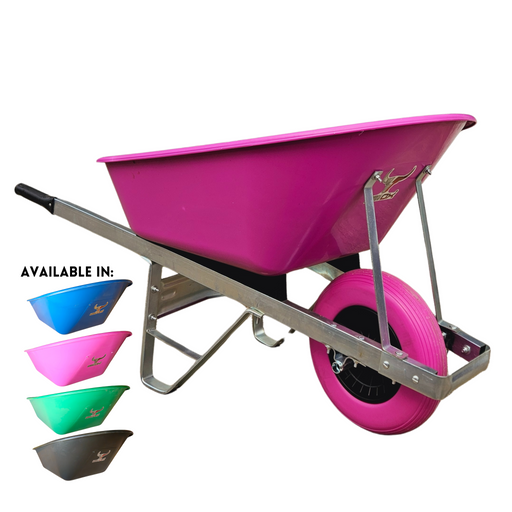 A pink 200 Litre Puncture Proof Farm Equestrian wheelbarrow with a metal frame and handle is available in four colors: pink, green, blue, and black. Smaller images beside the main wheelbarrow show these colors.