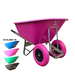 200 Litre Puncture Proof Farm Equestrian wheelbarrow with two wheels and a metal frame, available in pink, green, blue, and black.