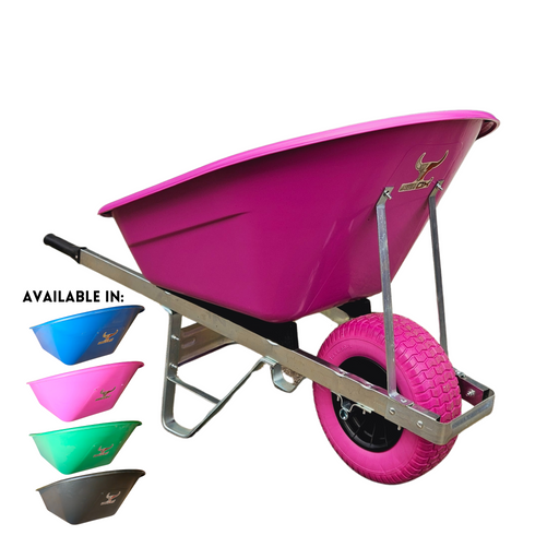 The 160 Litre Puncture Proof Farm Equestrian Wheelbarrow features a pink design with a single front wheel and black handle, with images showing it's also available in green, blue, purple, and brown.