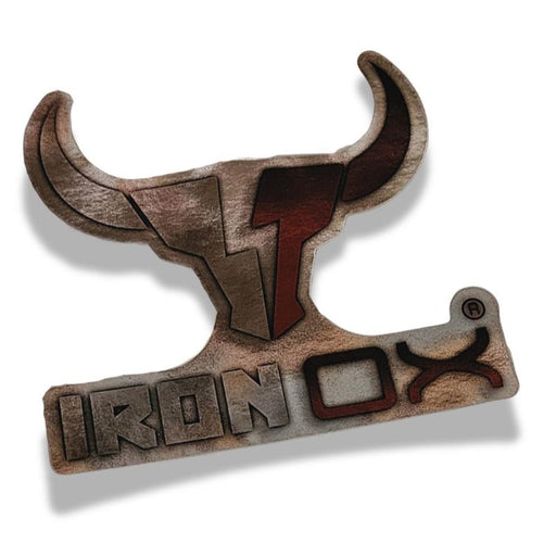 A metallic bull's head logo appears above the text "IRON OX" on the Iron Ox Sticker.